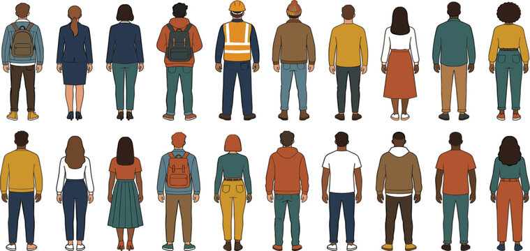 Diverse People Back View Character Set with Casual Men, Women, Workers, Students, and Standing Human Figure Illustrations Collection