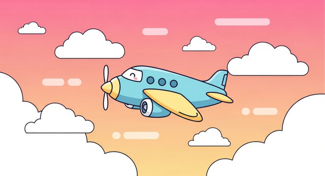 Cartoon Airplane Flying Through Colorful Sky with Clouds.