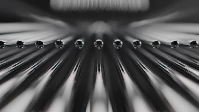 A striking perspective showcases numerous shimmering chrome spheres arranged in a precise straight line, receding into blurred distance under a diffused overhead light source