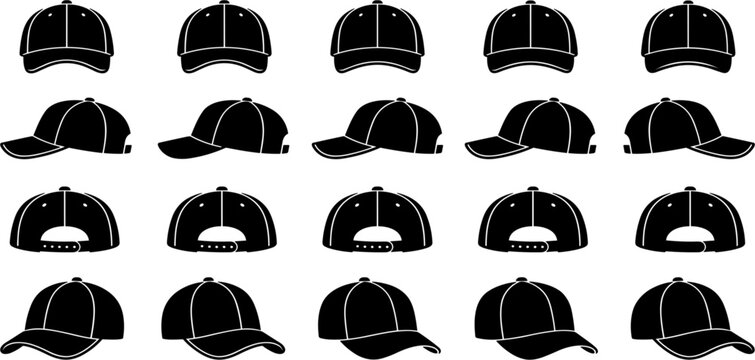 Baseball Cap Icon Collection with Front, Side, and Back Views of Casual Snapback Hat Silhouette Illustrations for Fashion and Sports Designs