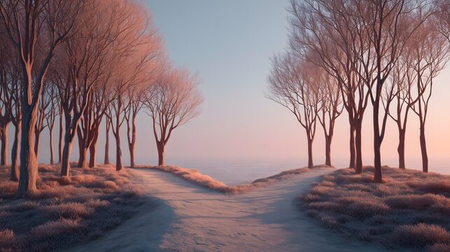 Conceptual background: Dirt road splitting in two along a foggy coast at pastel sunset