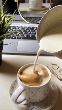 Hand Pouring Fresh Coffee into White Cup Beside Laptop in Cozy Workspace