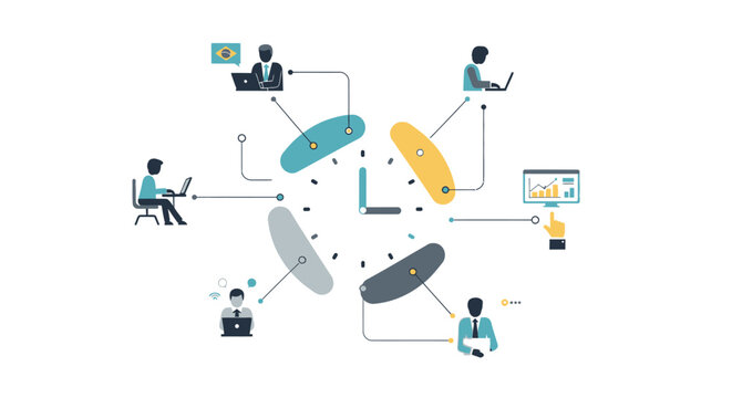 Global Remote Team Working Across Different Time Zones, Time Management and International Business Collaboration Concept Vector Illustration