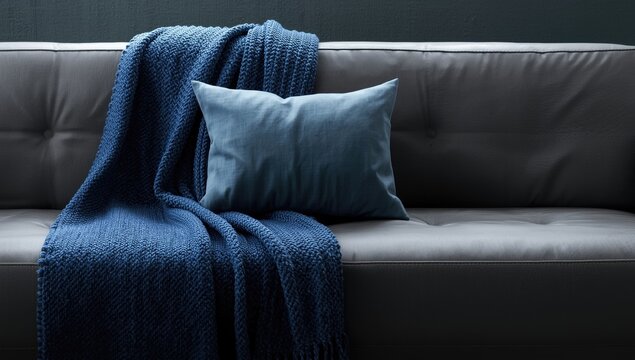 Blue Blanket and Pillow on Gray Leather Sofa Contemporary Interior, Minimalist Style