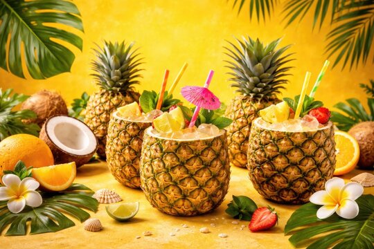 Vibrant yellow backdrop showcasing tropical pineapple cups for summer party decoration and refreshment ideas