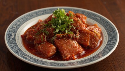 Fototapeta premium Fiery Bak Kwa Garnished with Herbs Classic Plate, Close-Up, Appetizing Detail