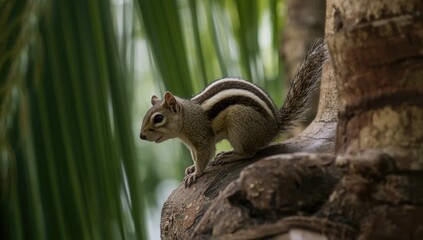 Fototapeta premium Busy palm squirrel showing five distinct stripes in forest trees