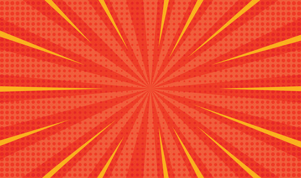 Abstract Red and Orange Sunburst Background with Halftone Dots. Vector Comic Book Radial Sun Rays and Yellow Speed Lines Backdrop for Retro Pop Art Design, Cartoon Advertising Banner 
