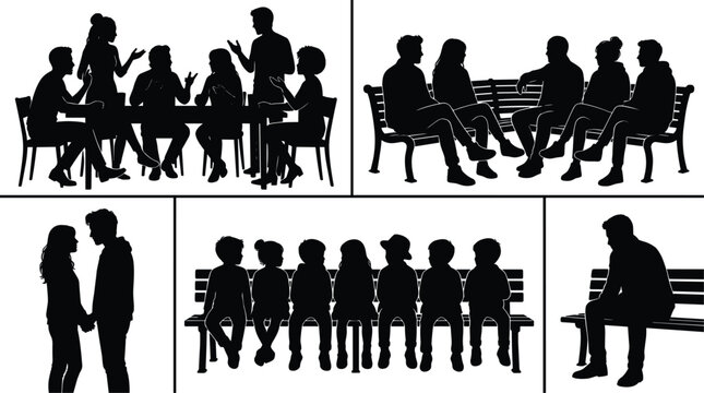 Vector silhouettes of people in various social situations including business meetings group discussions children on bench and lonely man