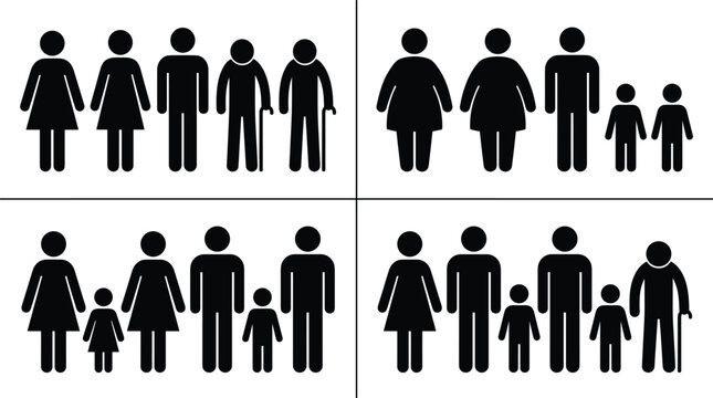 Vector illustration of diverse human family structures, demographic segments, age groups, and social community icons in a grid format