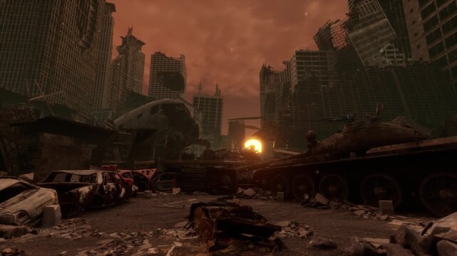 Cinematic view of a destroyed city with a rusted tank, crashed helicopter, and skyscraper ruins under a blood-red post-apocalyptic sky.