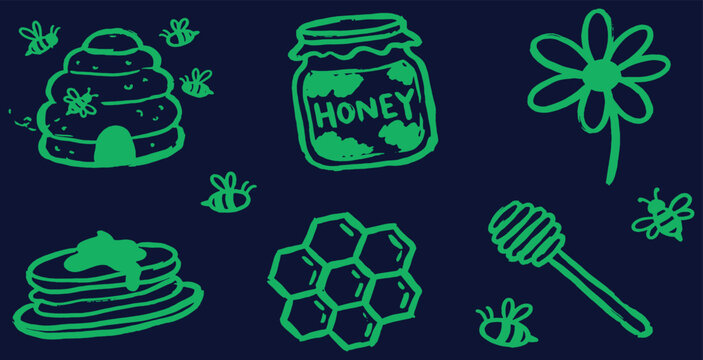 Hand-drawn honey and bee illustration on dark blue background.