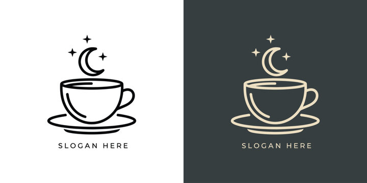 Minimalist coffee cup logo with moon and stars design.