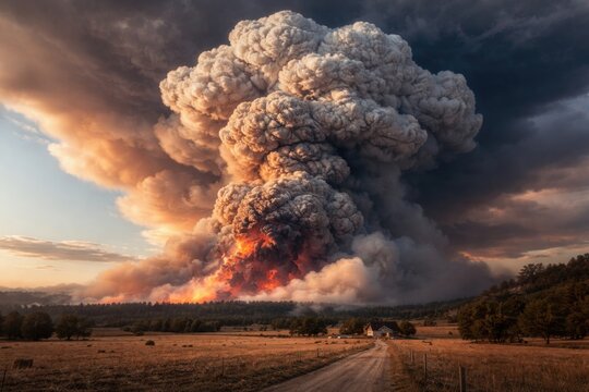 Dramatic pyrocumulus cloud formation emerging from wildfire smoke in rural area