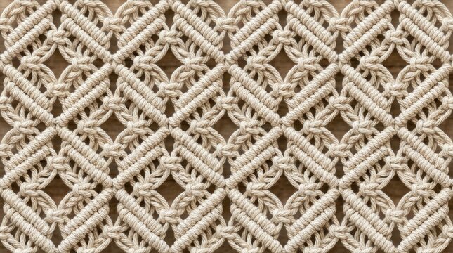 A close-up shot of a macrame wall hanging. The intricate pattern is created using braided cords, forming a repeating geometric design.