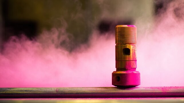 workpiece. Metal workpiece enveloped in colored powder cloud on conveyor belt. safety posters, maintenance manuals, designed for industrial assembly lines and welding operations, improves efficiency.