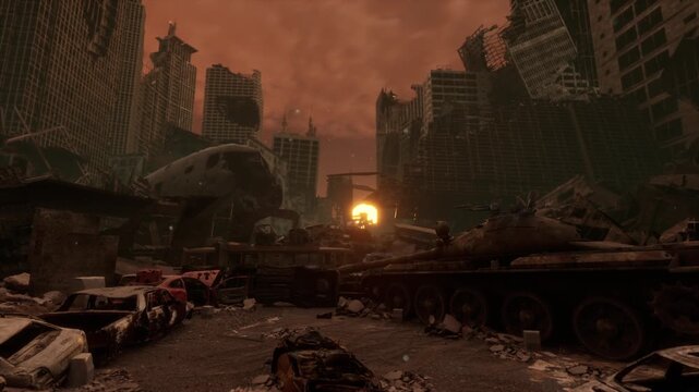 Wide view of a devastated urban warzone with a rusty tank, debris, and crumbling skyscrapers under a dark red sky.