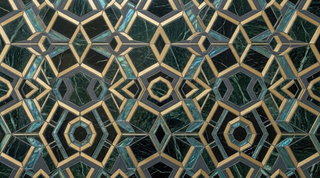 A detailed mosaic pattern covers a dark green marble surface. The mosaic features a complex geometric design composed of interlocking hexagons and octagons, outlined in gold.