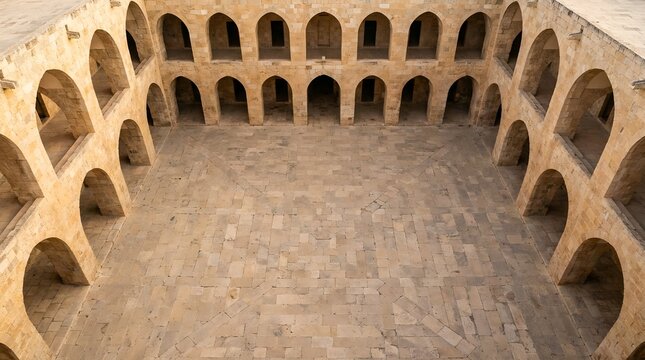 Empty Central Courtyard of Traditional Palestinian Khan with Arched Entrances