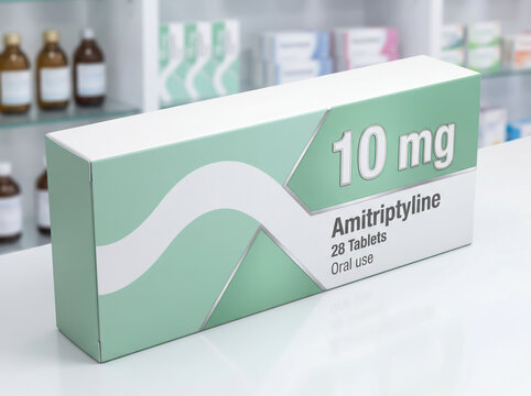 Amitriptyline antidepressant medication box on a pharmacy counter