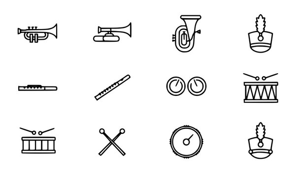 Minimal Line Art Marching Band Instrument Icon Set &ndash; Music Performance Vector Collection
