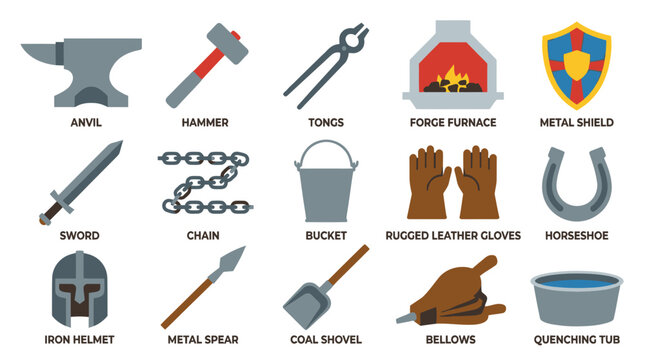 Blacksmith Tools Flat Icons Set - Hammer, Anvil, Forge, Sword, Shield