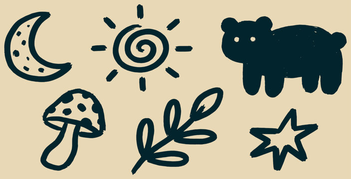 A set of nature-themed doodle icons including a moon, sun, bear, mushroom, leaf, and star on a beige background.