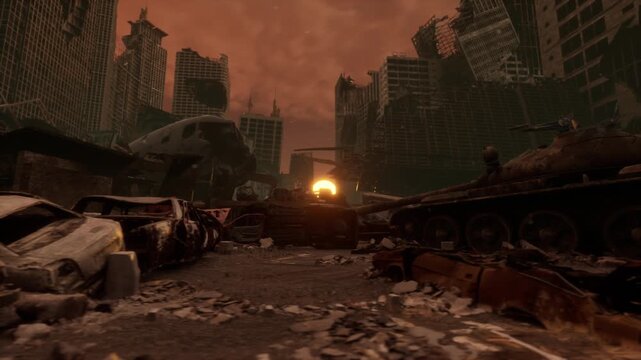 Burnt cars, twisted rebar, and a battered tank lie in the street of a post-war city with a fiery sunset on the horizon.
