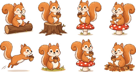 Obraz premium Cute Cartoon Squirrel Vector Character Set Holding Acorns Sitting on Mushrooms and Log for Autumn Woodland Forest Wildlife Clipart Designs