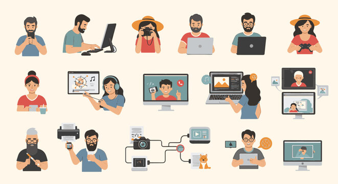 Flat vector illustration collection of diverse business professionals and team members working in a modern office environment, including characters for web design and presentations.