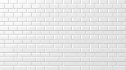 Fototapeta premium A white brick wall is covered in rectangular white tiles arranged in a classic brickwork pattern. The tiles are laid in a staggered fashion, creating a textured surface.