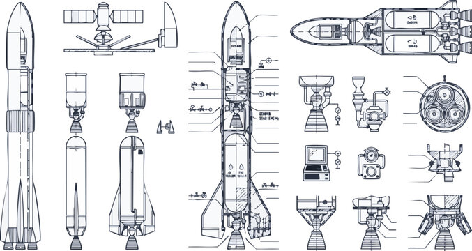 Space Rocket Engineering Blueprint Technical Diagram and Detailed Components Vector