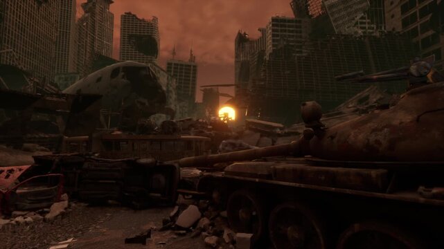 Close up of a rusted tank in a post-apocalyptic wasteland with a glowing red sun setting behind the ruins.