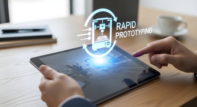 Rapid prototyping concept on tablet with 3d printing design