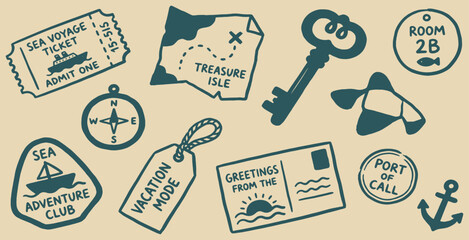 Collection of nautical themed icons and symbols for travel and adventure. © Riki
