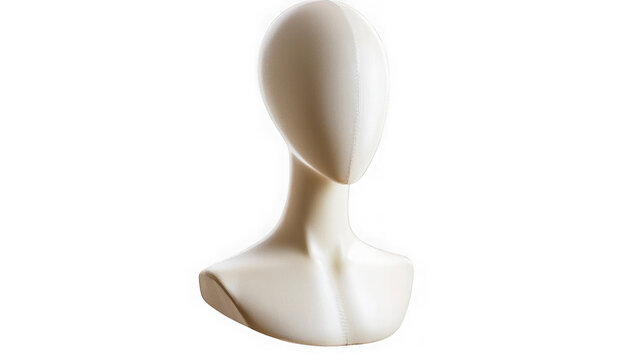 Elegant fabric covered female mannequin head display for jewelry and millinery fashion retailers presented on transparent background