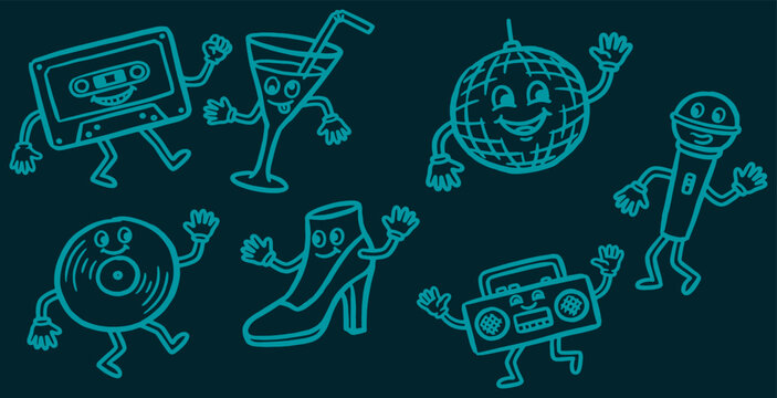 Cartoon characters dancing, including a cassette, cocktail, disco ball, record, shoe, and boombox, on a dark background.