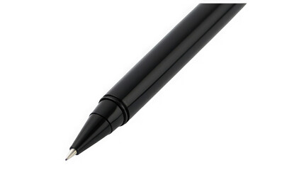 Naklejka premium Elegant sleek black rollerball pen tip close up macro detail professional writing instrument tool on transparent background