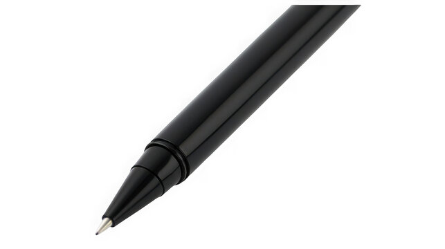 Elegant sleek black rollerball pen tip close up macro detail professional writing instrument tool on transparent background