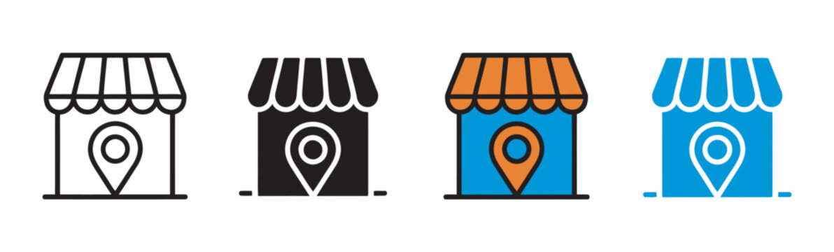 Retail store icon set, map location pin pointer symbols, local business finder shop navigation elements, vector illustration collection