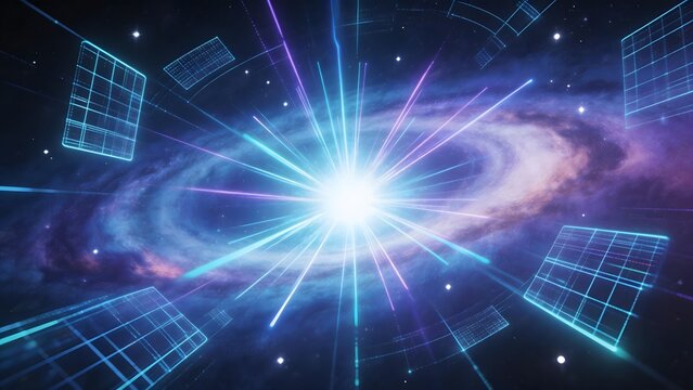 Cosmic galaxy with glowing lines and grid