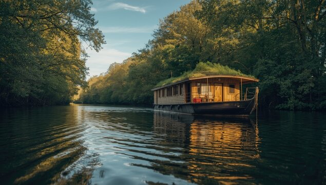 A classic houseboat floating gently along serene backwater streams