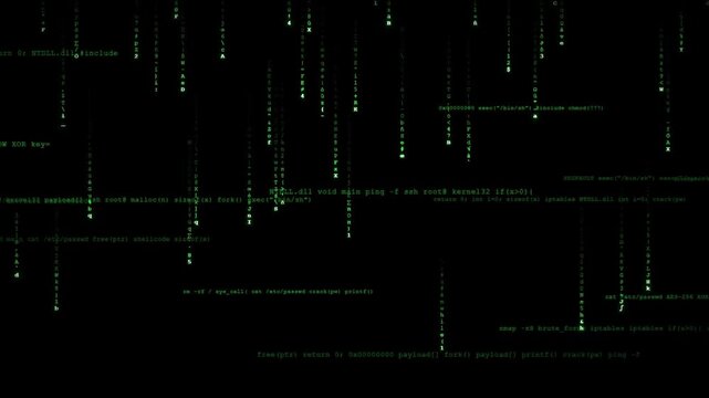 Falling green matrix hacker code and commands. VFX elements with Alpha channel for cybercrime, technology, artificial intelligence, and digital security video overlays