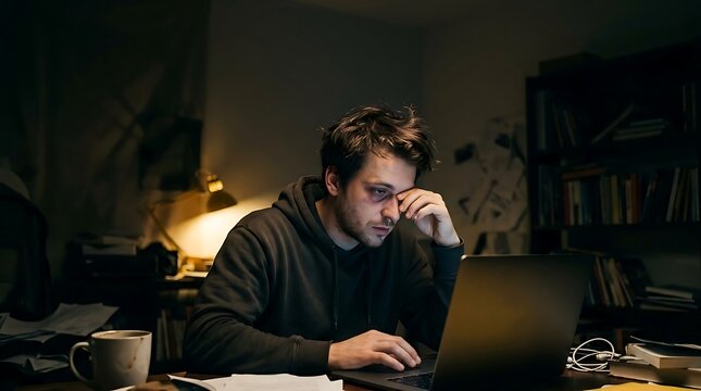 Tired Freelancer Working Late at Night on Laptop in Home Office