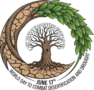 This artistic photograph depicts a circular symbol featuring a withered tree transitioning into vibrant green leaves to represent the global fight against land degradation and drought.