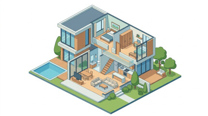 Fototapeta premium Modern Isometric House Cutaway with Swimming Pool and Garden.
