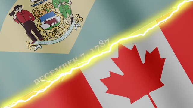 Two waving flags USA State of Delaware and Canada with diagonal lightning seamless, 4k loop