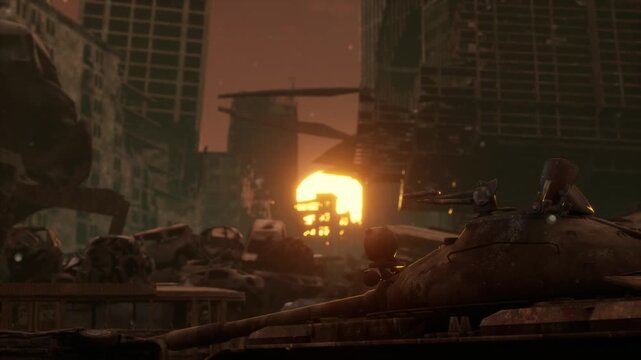 Panoramic view of a ruined dystopian city with a crashed plane and debris-strewn streets under a red sky.