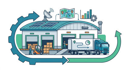 Naklejka premium Modern logistics warehouse with truck and delivery process illustration.