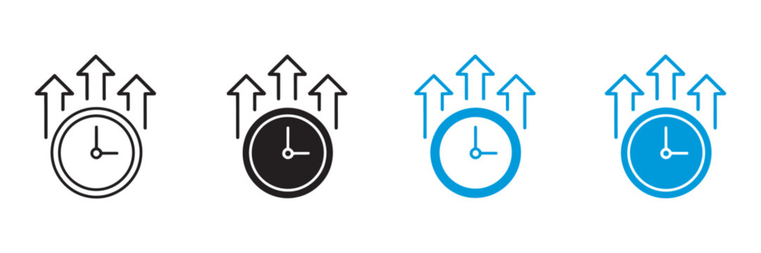 Alarm clock icon set, upward arrows productivity increase symbols, time management efficiency and fast service growth, business scheduling vector illustration pack